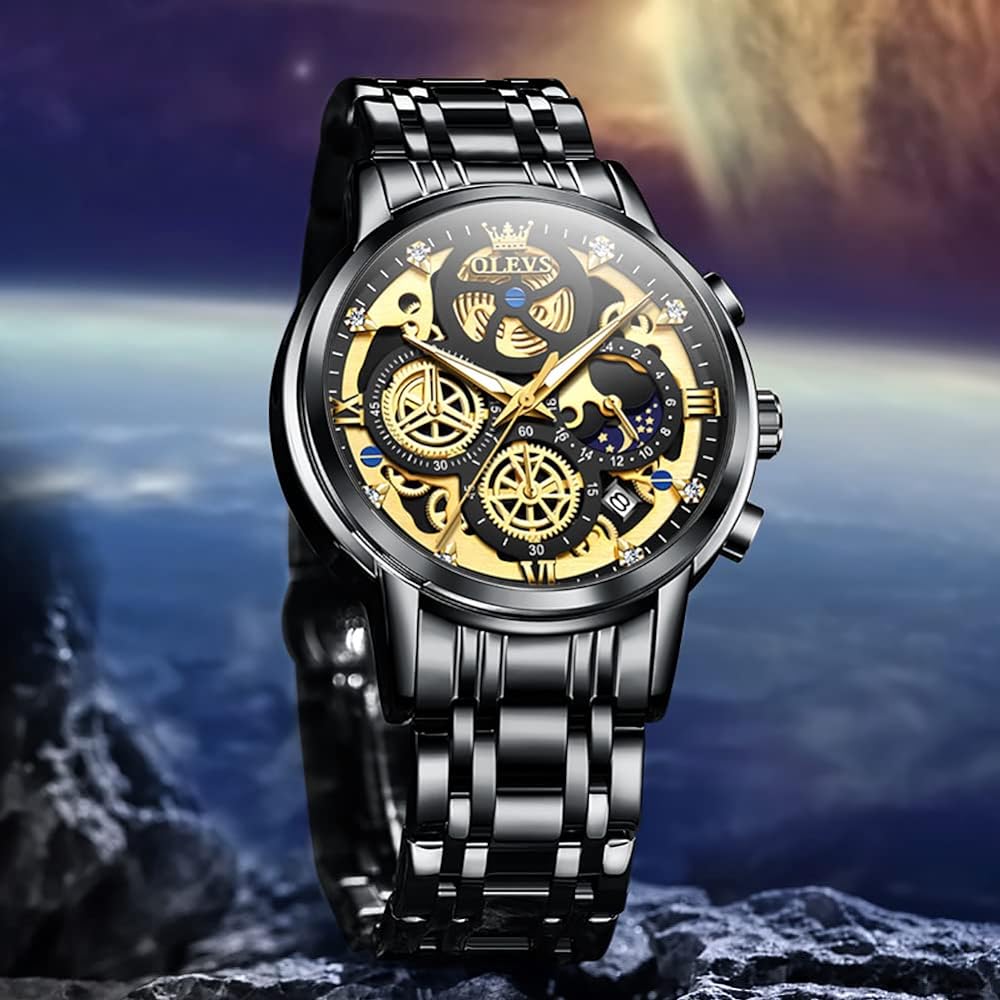 OVERFLY OLEVS Mens Watch Chronograph Luxury Watch with Black Steel