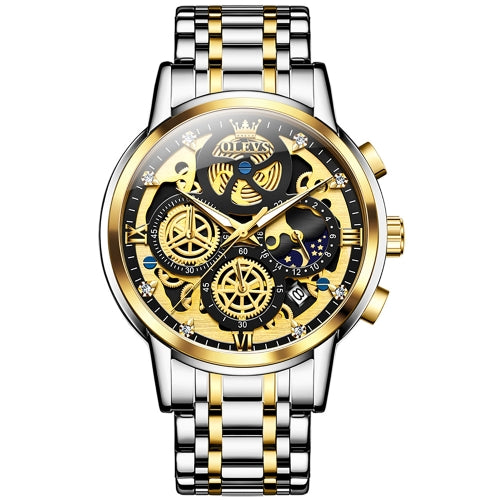 OVERFLY OLEVS Mens Watch Chronograph Luxury Watch with Gold Steel Strap wrist Watch For Analog