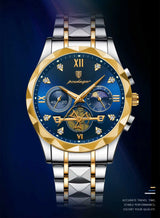 OVERFLY POEDAGAR Mens Watch Analog Luxury Watch Blue with Gold Dial And Gold & Steel Strap wrist Watch For Men