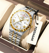 POEDAGAR Mens Watch Analog Multifunction Luxury Golden Wrist Watch For Men