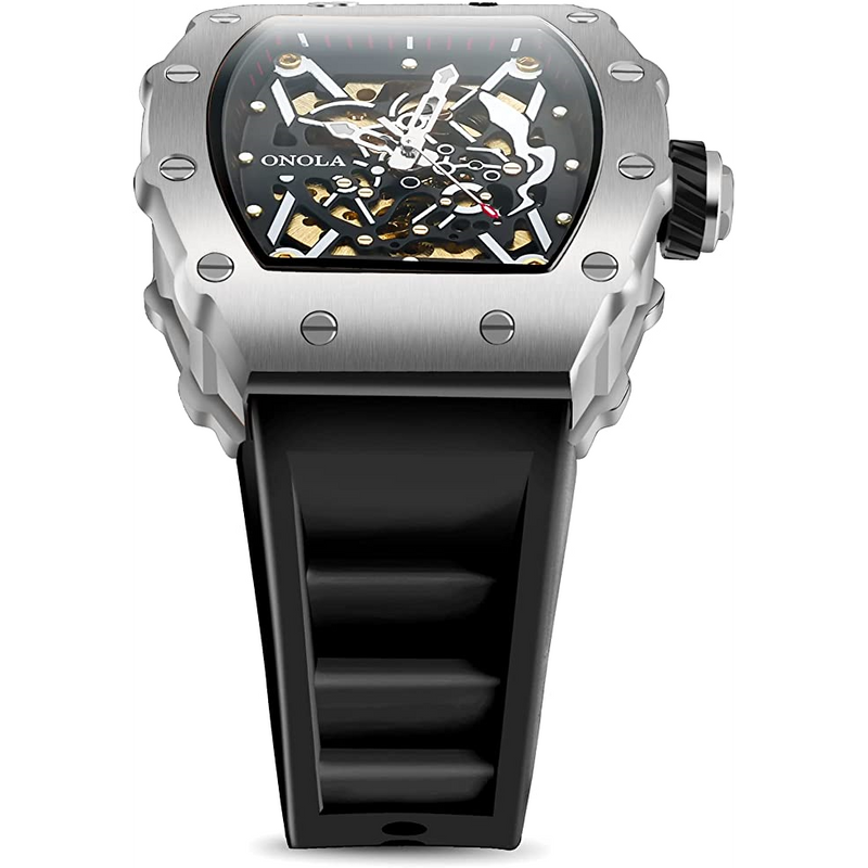 OVERFLY Onola Automatic Mechanical Skeleton Unique Dial Luxury Men's Watch (NOW IN INDIA)3829-Black-Silver