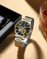POEDGAR Automatic Mechanical Luxury skeleton wrist watch stainless steel strap Analog Watch For Men