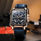 OLEVS Mens Watch Analog Chronograph Luxury Rose Gold and Blue Leather Strap Wrist Watch For Men
