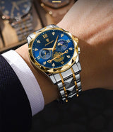 OVERFLY POEDAGAR Mens Watch Analog Luxury Watch Blue with Gold Dial And Gold & Steel Strap wrist Watch For Men