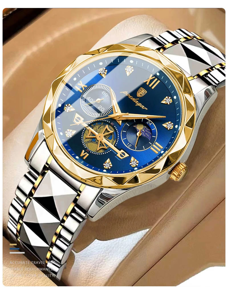 OVERFLY POEDAGAR Mens Watch Analog Luxury Watch Blue with Gold Dial And Gold & Steel Strap wrist Watch For Men