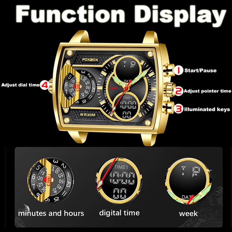 OVERFLY FOXBOX 3 Time Zones Analog Digital Luxury Chronograph Watch for Men (FB009-Gold)