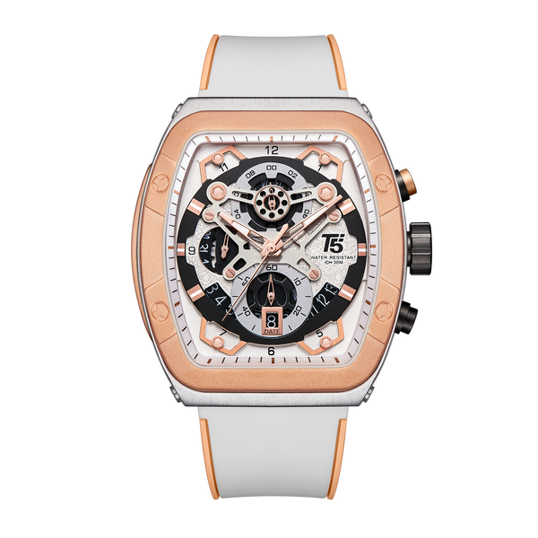 OVERFLY T5 Mens Watch Analog Chronograph Luxury Watch With White & Rose Gold Dial & White Silicone Strap Wrist Watch For Men