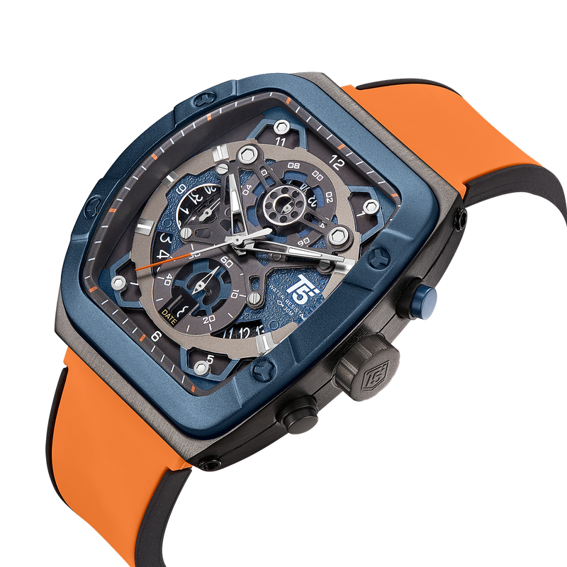 OVERFLY T5 Mens Watch Analog Chronograph Luxury Watch With Blue Dial & Orange Silicone Strap Wrist Watch For Men