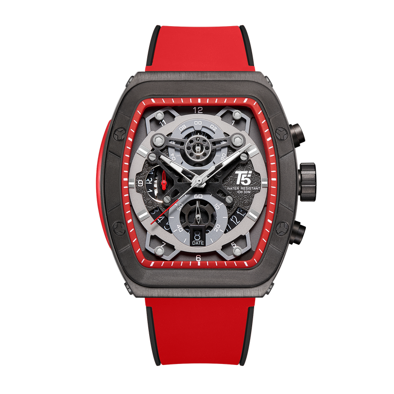 OVERFLY T5 Mens Watch Analog Chronograph Luxury Watch With Black Dial Red Silicone Strap Wrist Watch For Men