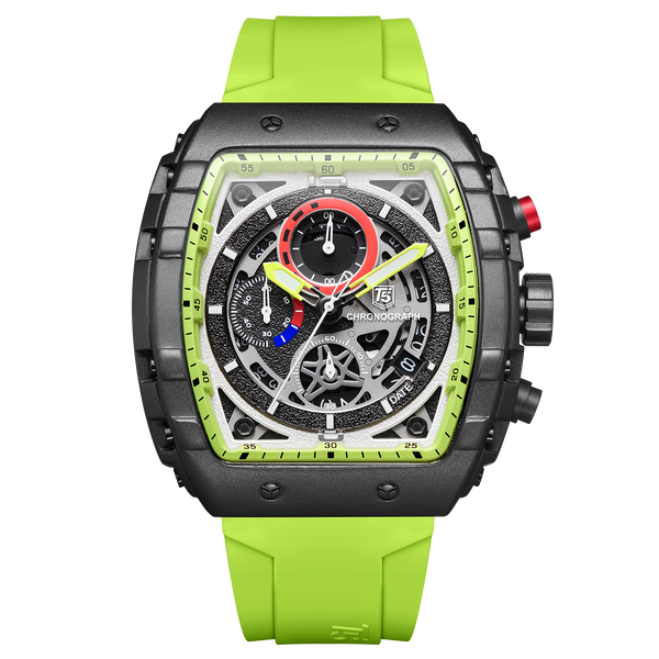 OVERFLY T5 Mens Watch Analog Chronograph Luxury Watch With Black Dial & Green Silicone Strap Wrist Watch For Men