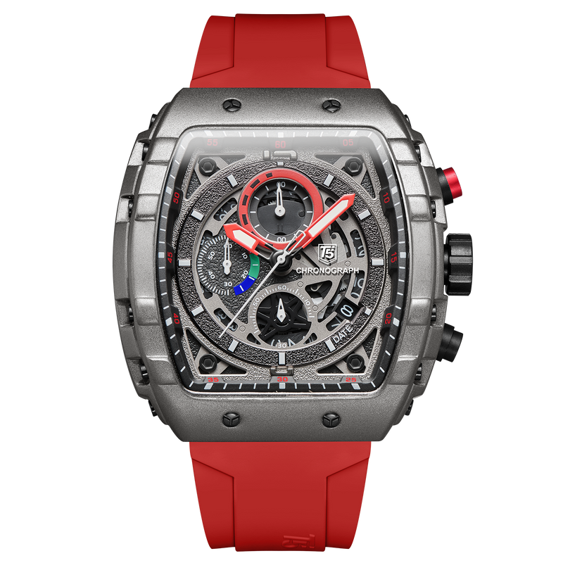 OVERFLY T5 Mens Watch Analog Chronograph Luxury Watch With Black Dial & Red Silicone Strap Wrist Watch For Men