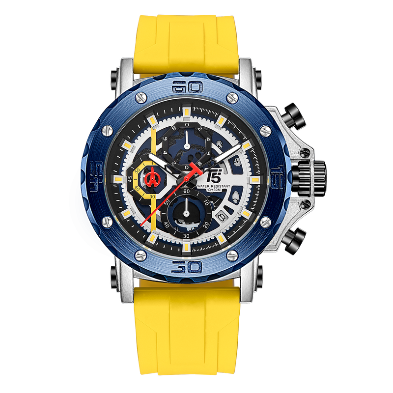 OVERFLY T5 Mens Watch Analog Chronograph Luxury Watch With Black Dial & Yellow Silicone Strap Wrist Watch For Men