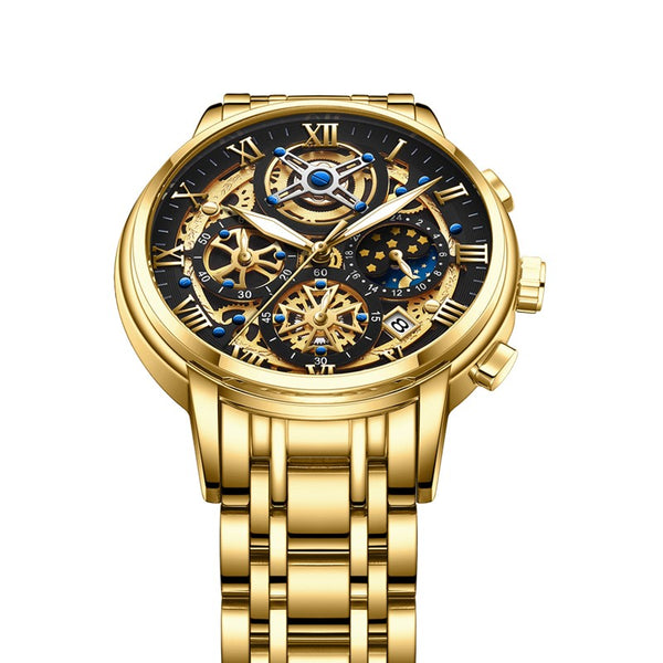 OVERFLY LIGE Mens Watch Analog Chronograph Luxury Watch Gold Dial and Gold Strap Wrist Watch For Men