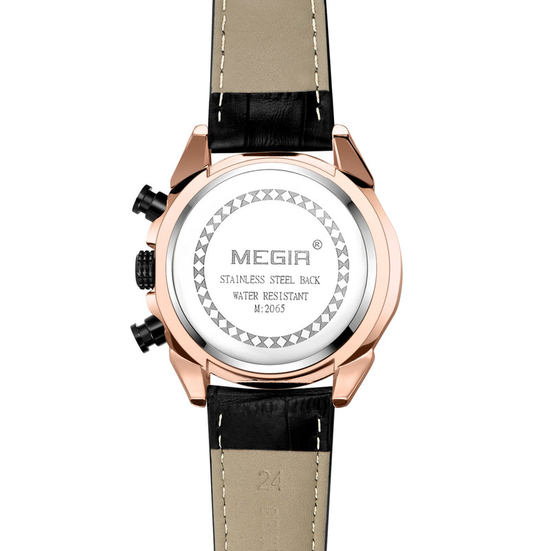 MEGIR Mens Watch Chronograph Luxury Watch with Rose Gold & Black Leather Wrist Watch For Men