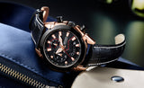 MEGIR Mens Watch Chronograph Luxury Watch with Rose Gold & Black Leather Wrist Watch For Men