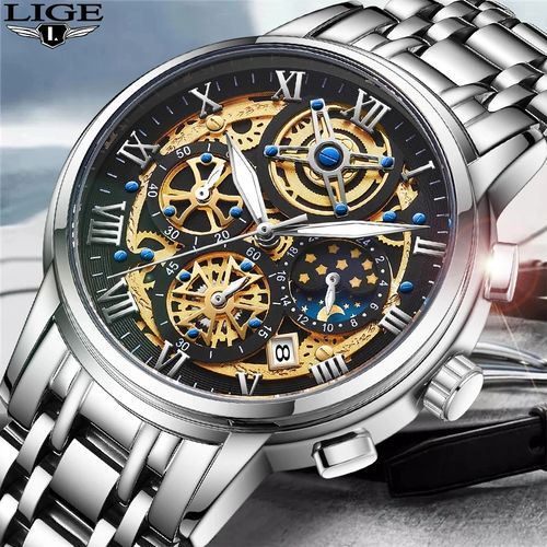 OVERFLY LIGE Mens Watch Analog Chronograph Luxury Watch Gold and  Steel Strap Wrist Watch For Men