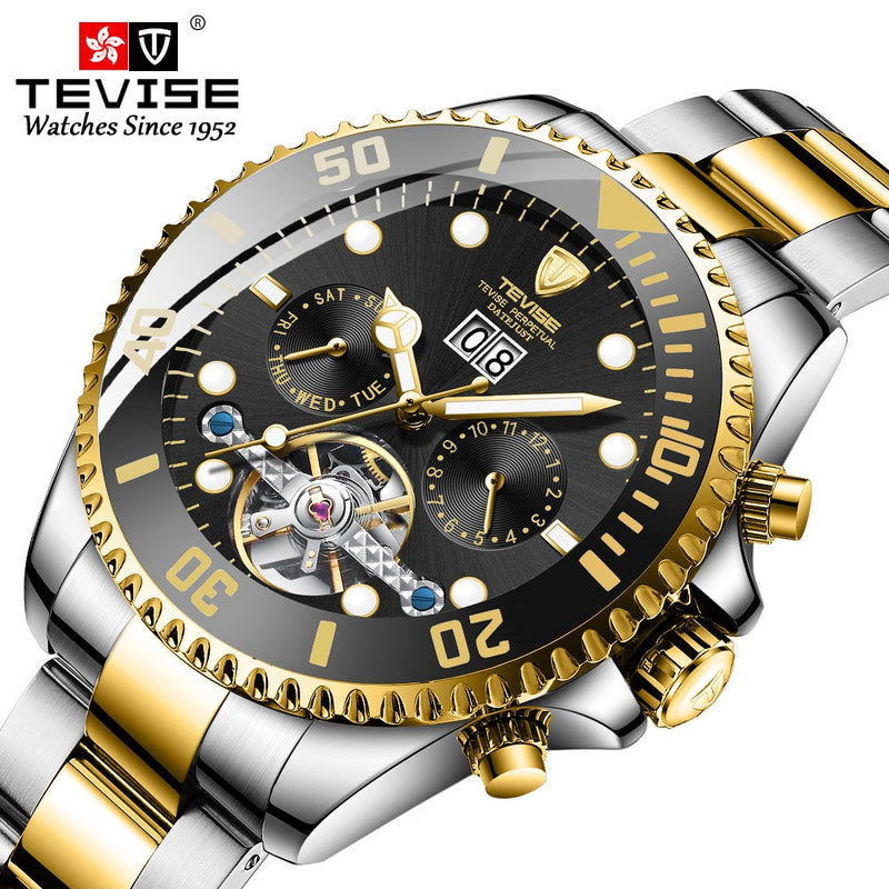 OVERFLY -Tevise Black-Gold Luxury Chronograph Automatic watch For-Men(T823-Black)
