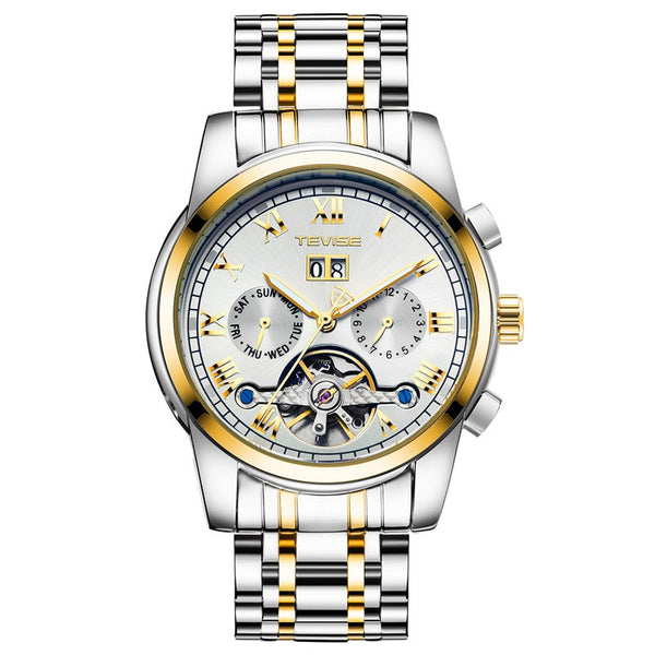 OVERFLY TEVISE Automatic Mechanical Luxury skeleton wrist watch stainless steel strap Analog Watch For Men