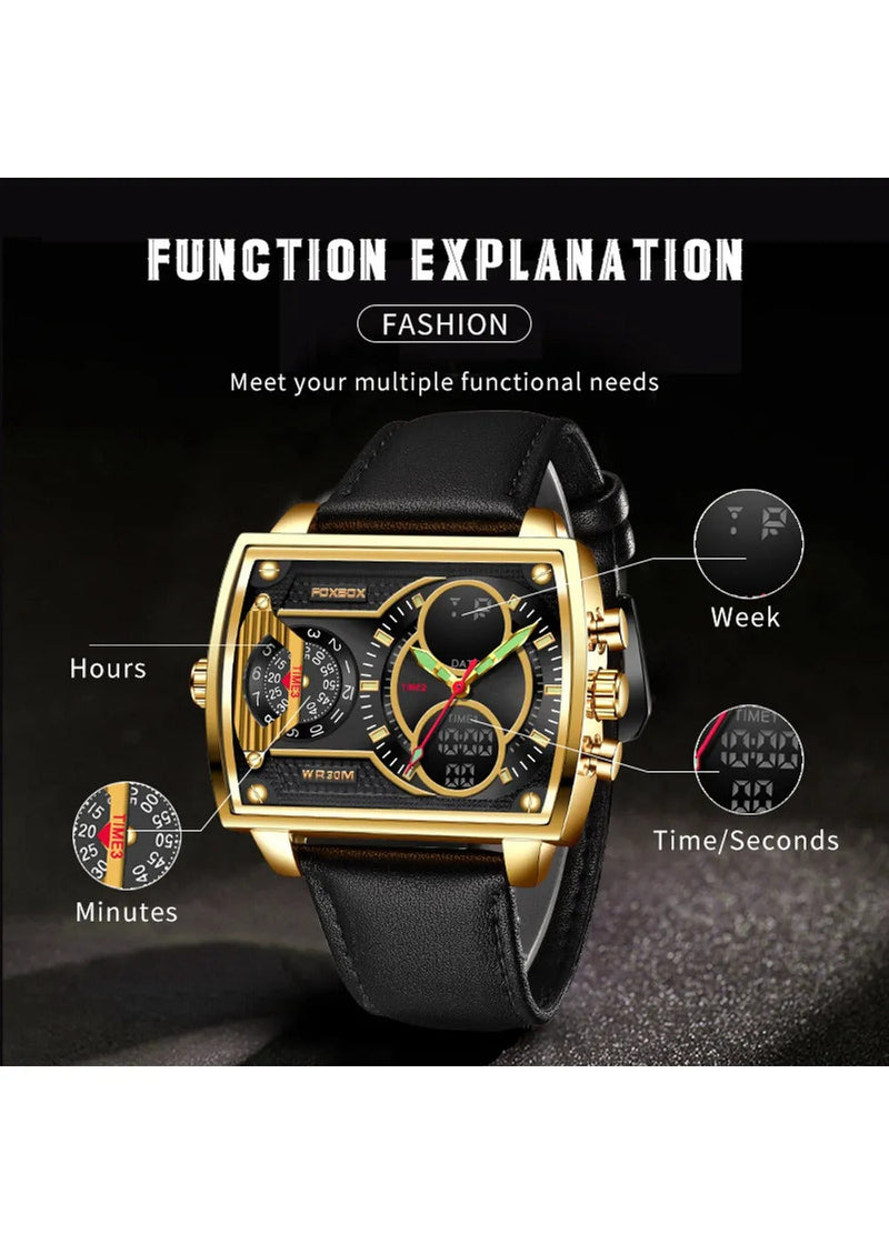 OVERFLY FOXBOX 3 Time Zones Analog Digital Luxury Chronograph Watch for Men - Black Gold