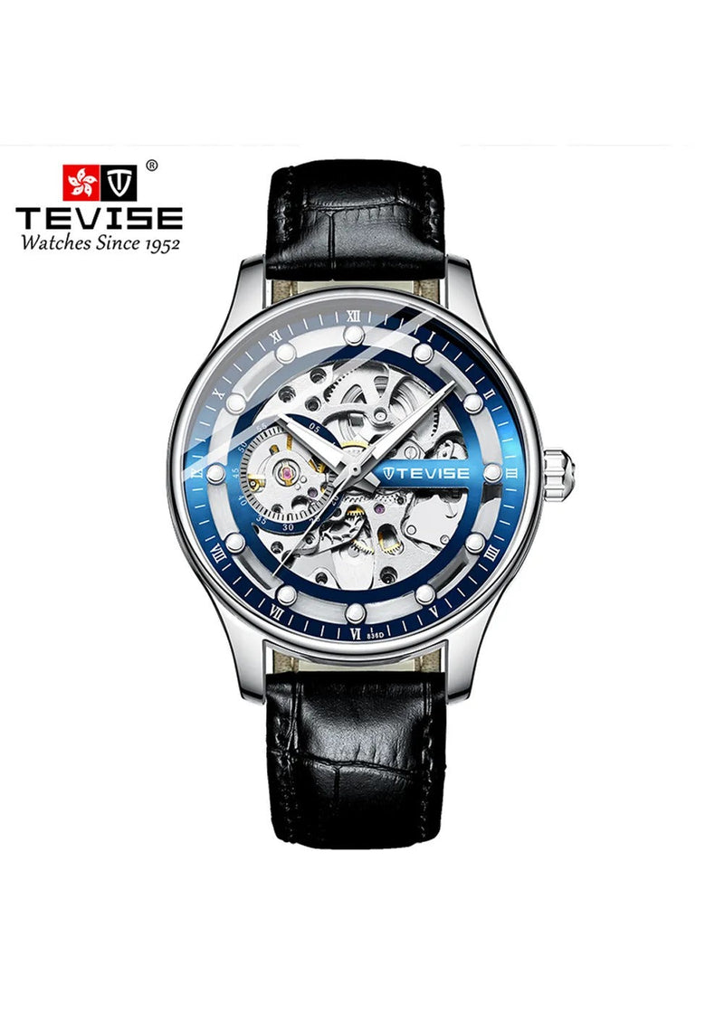 OVERFLY TEVISE Mens Watch Automatic Mechanical Luxury with Black Leather strap wrist Watch for Men