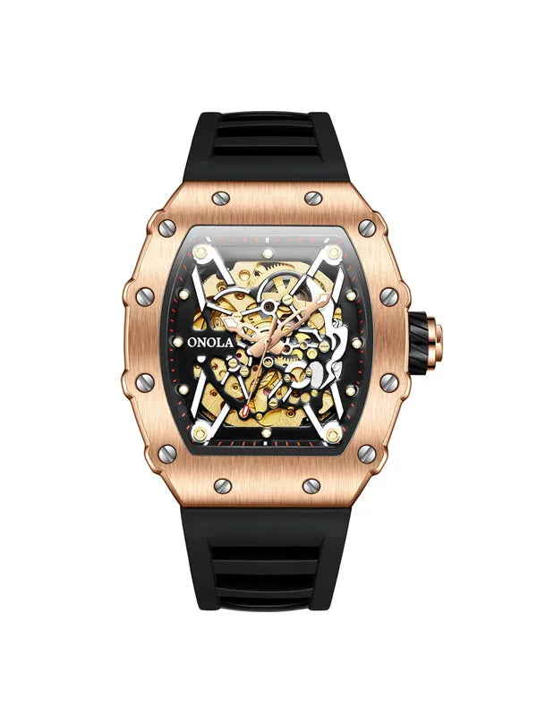 OVERFLY Onola Automatic Mechanical Skeleton Unique Dial Luxury Men's Watch (NOW IN INDIA)3829-Black-Rose Gold