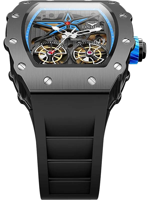 VERFLY Onola Double Tourbillon Automatic Skeleton Mechanical Flywheel Unique Dial Luxury Men's Watch (NOW IN INDIA)6828-Black-Blue