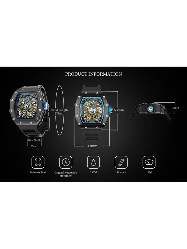 VERFLY Onola Double Tourbillon Automatic Skeleton Mechanical Flywheel Unique Dial Luxury Men's Watch (NOW IN INDIA)6828-Black-Blue