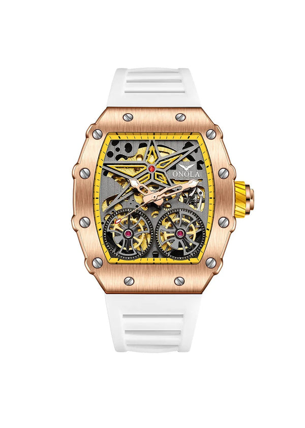 OVERFLY Onola Double Tourbillon Automatic Skeleton Mechanical Flywheel Unique Dial Luxury Men's Watch (NOW IN INDIA)6828-WHITE-RG