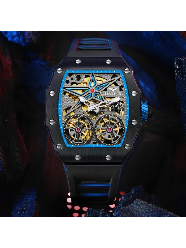 VERFLY Onola Double Tourbillon Automatic Skeleton Mechanical Flywheel Unique Dial Luxury Men's Watch (NOW IN INDIA)6828-Black-Blue