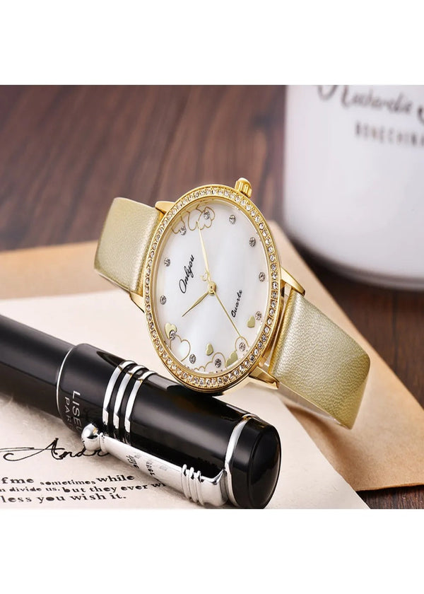 Onlyou 81130LC White Dial & Gold Leather Strap Watch For-Ladies