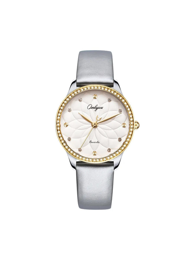 Onlyou 81130LB White Dial & Grey Genuine Leather Strap Watch For-Ladies