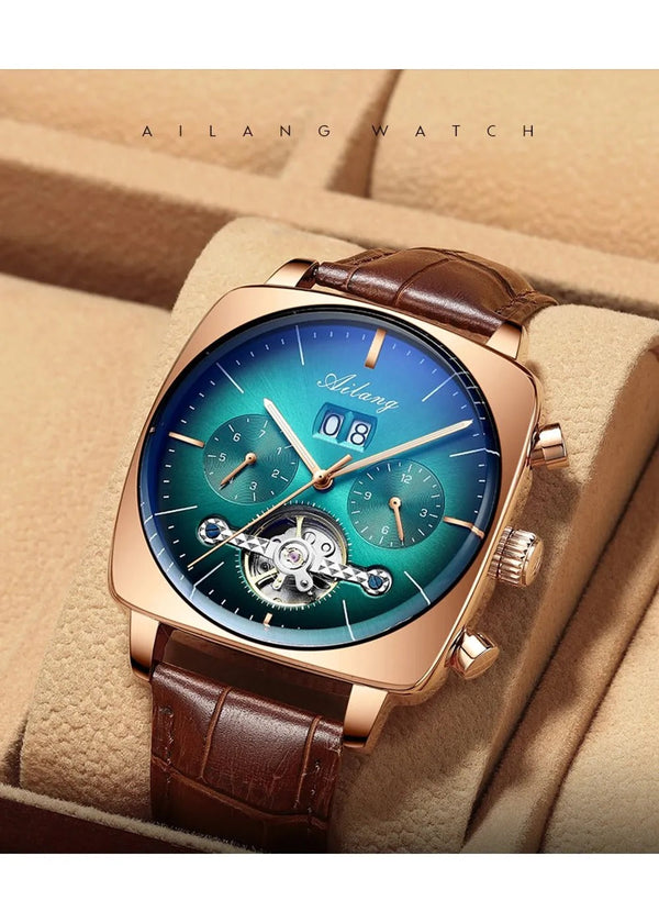OVERFLY AILANG Automatic Mechanical Luxury Multifunction Mens Watch with Rose Gold Dial & Brown strap-8655-Brown