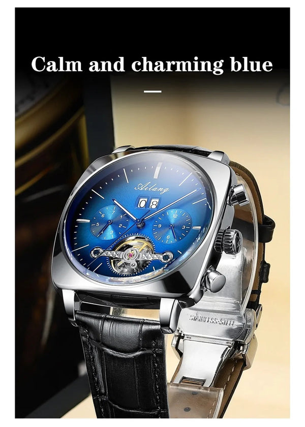 OVERFLY AILANG Automatic Mechanical Luxury Multifunction Mens Watch With Blue Silver Dial & Black strap-8655-Black