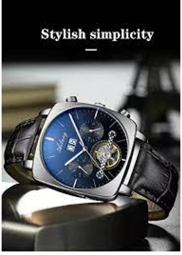 OVERFLY AILANG Automatic Mechanical Luxury Multifunction Mens Watch With Blue Silver Dial & Black strap-8655-Black