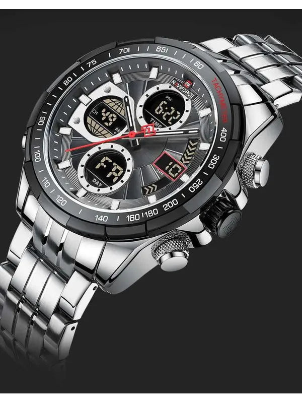 Overfly Naviforce Analog-Digital Dual Time Chronograph Watch for Men's-(Silver-Black)