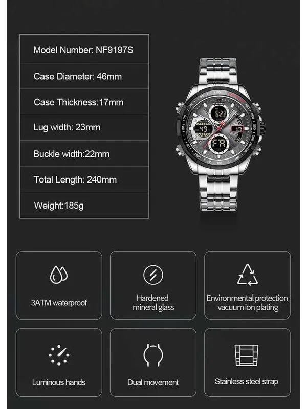 Overfly Naviforce Analog-Digital Dual Time Chronograph Watch for Men's-(Silver-Black)