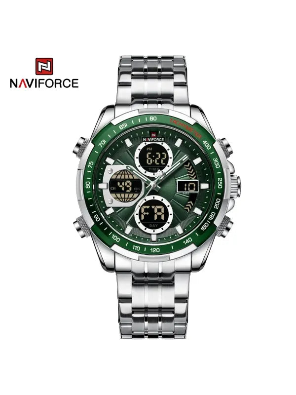 Overfly Naviforce Analog-Digital Dual Time Chronograph Watch for Men's-(Silver-Green)