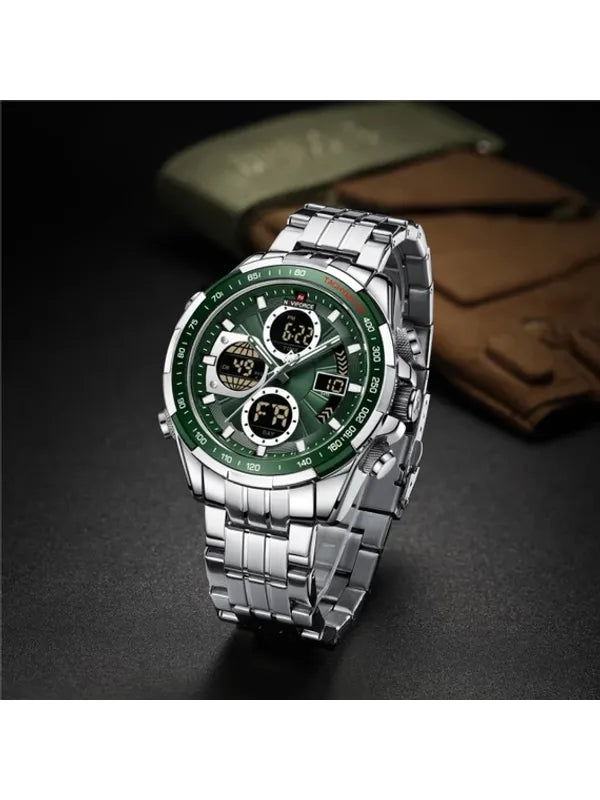 Overfly Naviforce Analog-Digital Dual Time Chronograph Watch for Men's-(Silver-Green)