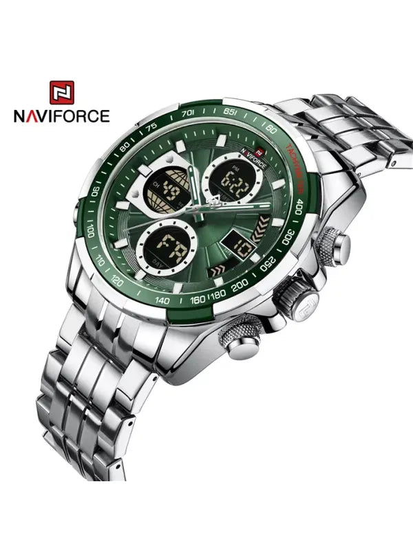 Overfly Naviforce Analog-Digital Dual Time Chronograph Watch for Men's-(Silver-Green)