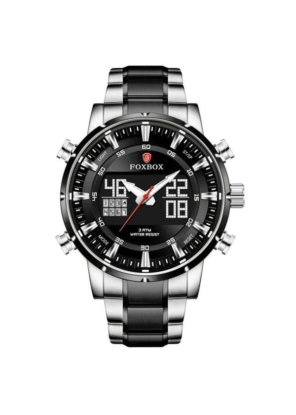 OVERFLY FOXBOX 2 Time Zones Analog Digital Luxury Chronograph Watch for Men - Silver & Black