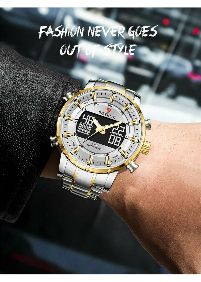 OVERFLY FOXBOX 2 Time Zones Analog Digital Luxury Chronograph Watch for Men - Silver & Gold