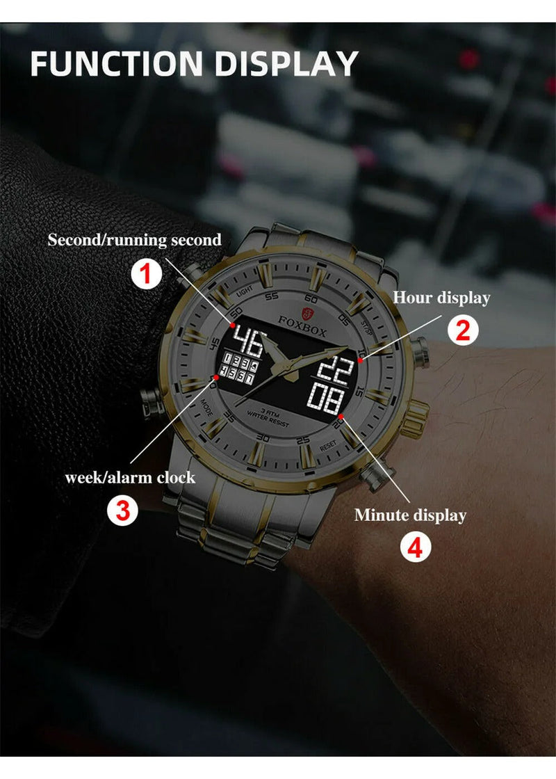 OVERFLY FOXBOX 2 Time Zones Analog Digital Luxury Chronograph Watch for Men - Silver & Gold