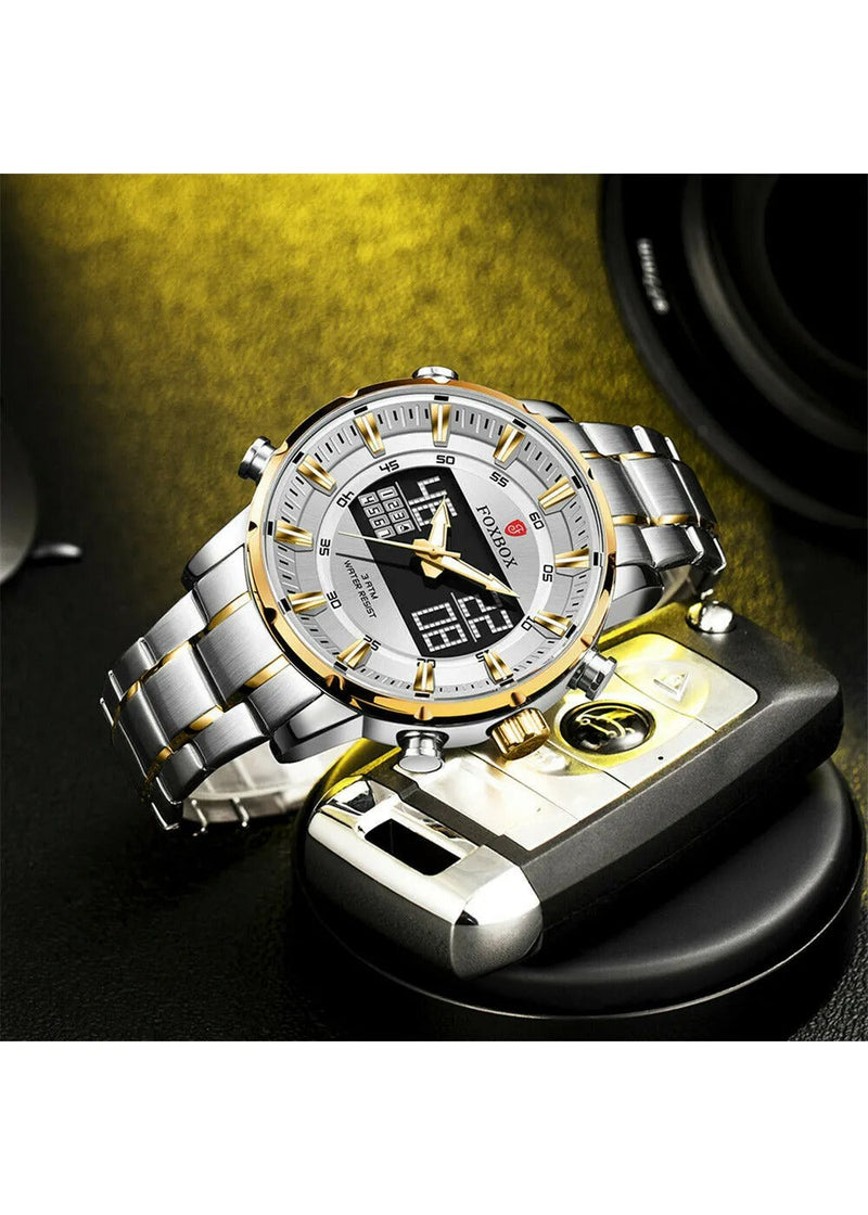 OVERFLY FOXBOX 2 Time Zones Analog Digital Luxury Chronograph Watch for Men - Silver & Gold