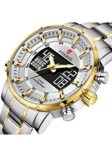 OVERFLY FOXBOX 2 Time Zones Analog Digital Luxury Chronograph Watch for Men - Silver & Gold