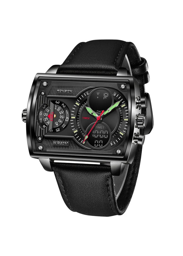 OVERFLY FOXBOX 3 Time Zones Analog Digital Luxury Chronograph Watch for Men - Black