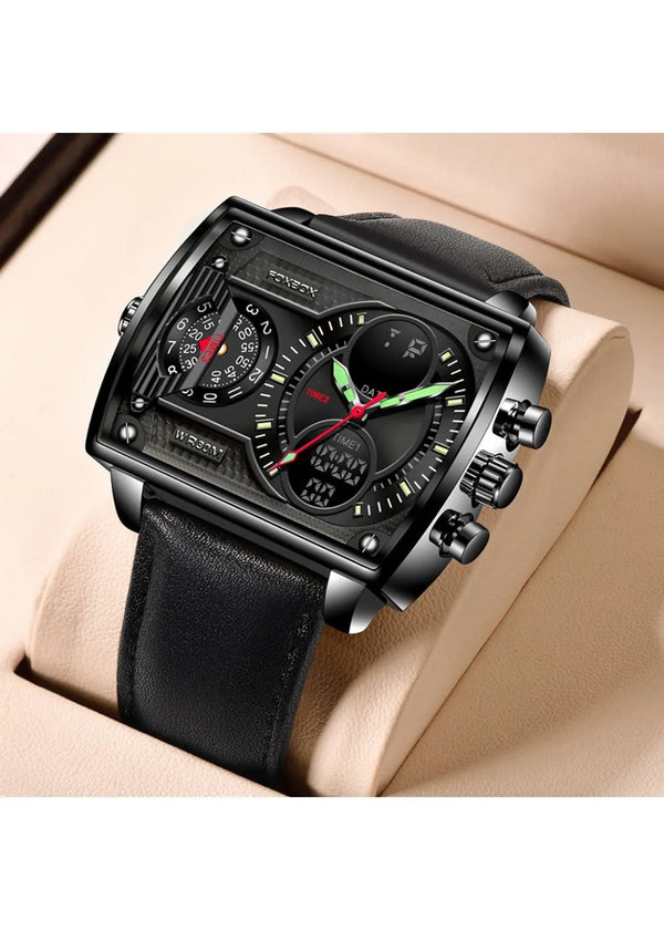 OVERFLY FOXBOX 3 Time Zones Analog Digital Luxury Chronograph Watch for Men - Black